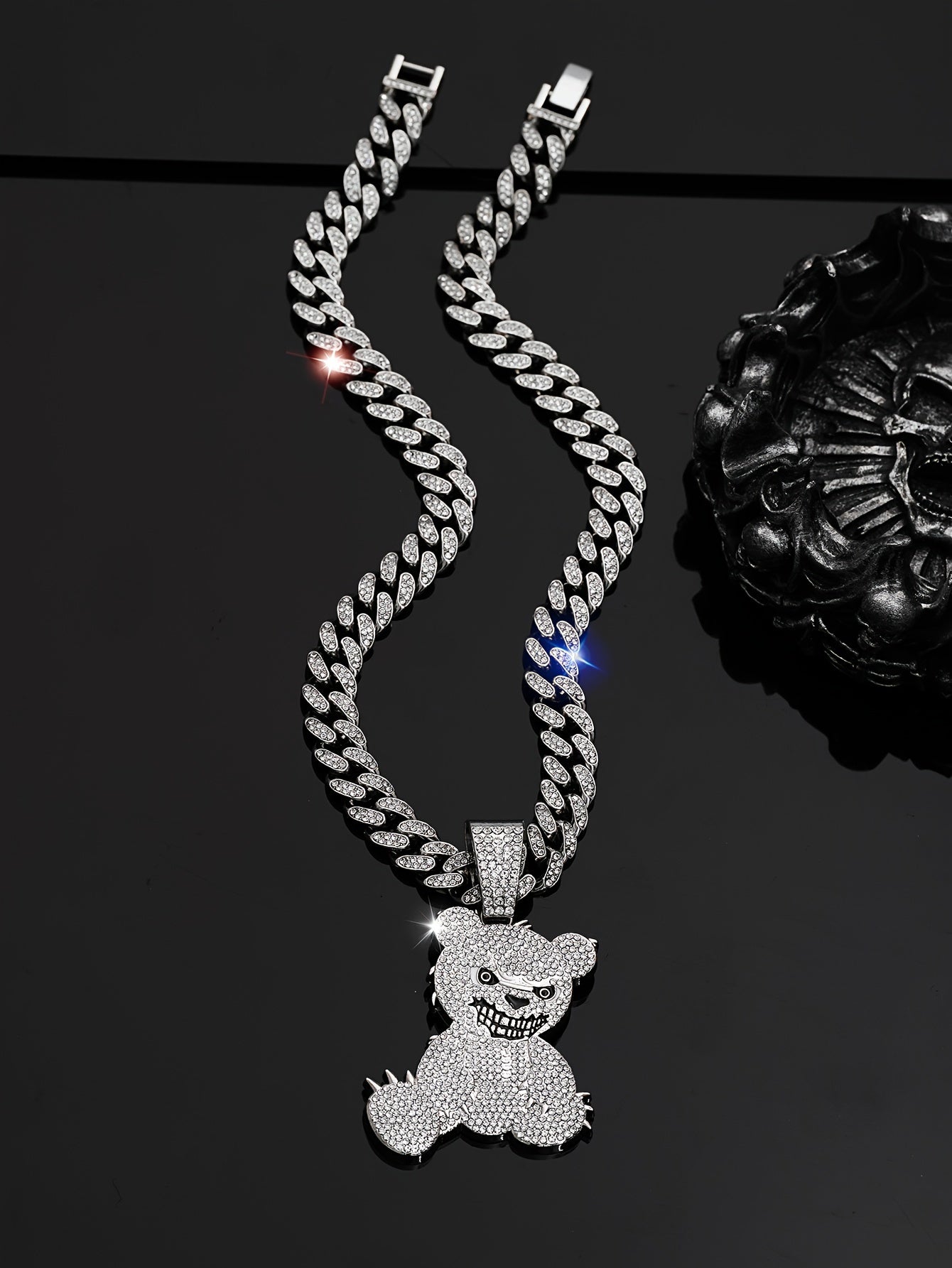 Men's Fashion Beast Bear Pendant Necklace with Rhinestone Studded Cuban Chain - Hip Hop Street Style Jewelry for Party, Festival Wear, Unisex Gift Idea (Includes 1 Pendant)