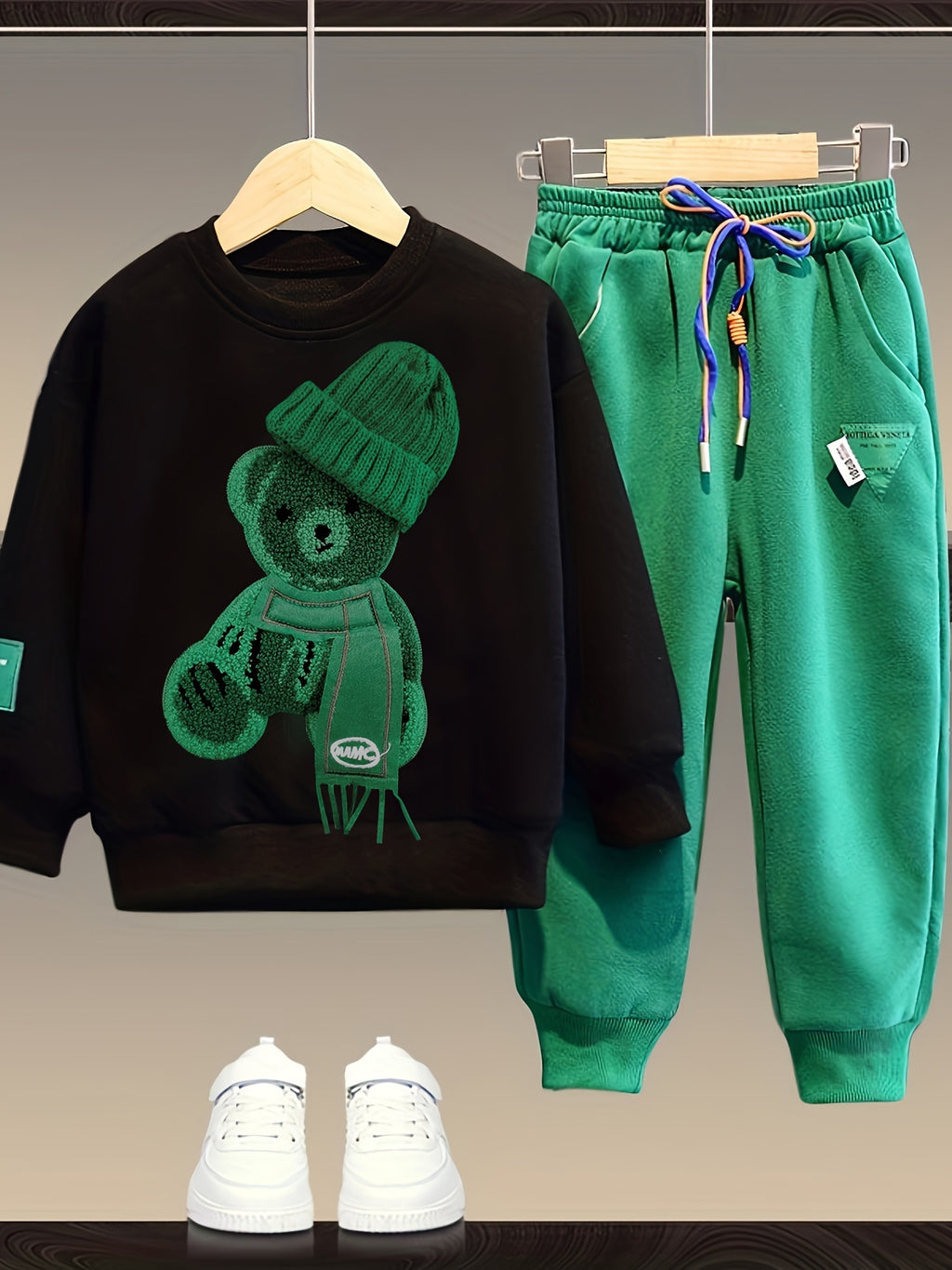 2pcs Boy's Beanie Bear Patched Outfit, Sweatshirt & Sweatpants Set, Trendy Long Sleeve Top, Kid's Clothes For Spring Fall Daily & Outdoor Wear, As Gift