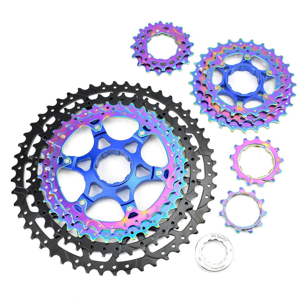 VG Sports Ultralight MTB Bicycle Cassette Freewheel - Rainbow Color Aluminum Brackets - 8-12 Speed - 11-52T Sprockets - Lightweight and Durable