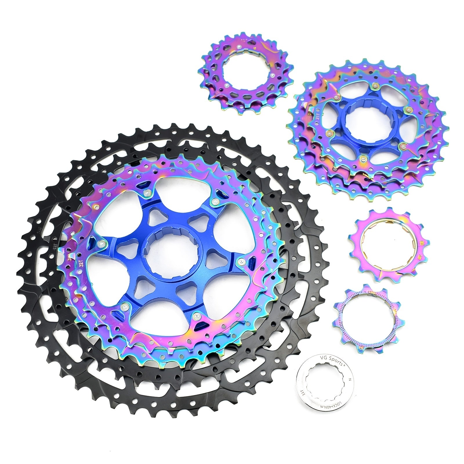 VG Sports Ultralight MTB Bicycle Cassette Freewheel - Rainbow Color Aluminum Brackets - 8-12 Speed - 11-52T Sprockets - Lightweight and Durable
