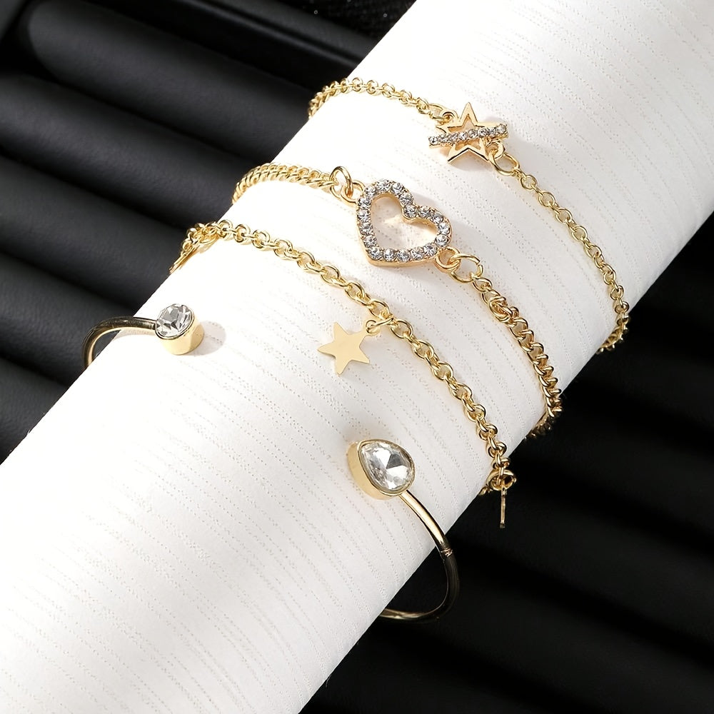 4-Piece Bohemian Elegant Holiday Bracelet Set for Women, Zinc Alloy with Rhinestone Accents, White & Green Tassel Wavy Bangle, Fashion Jewelry Gift for Dates & Parties, All-Season Wear