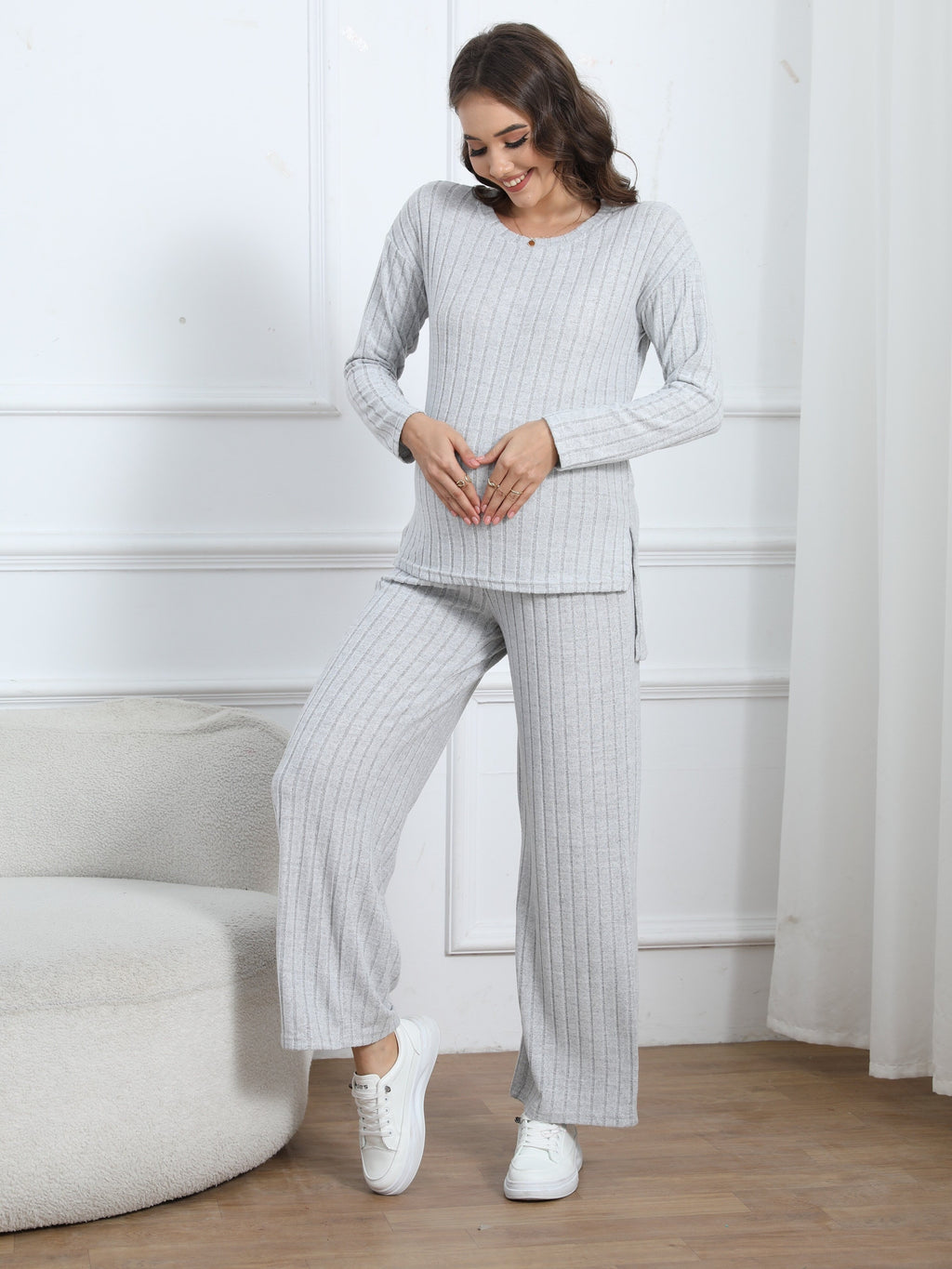 Women's Maternity Solid Textured T-shirt & Pants Set Fall Winter, Pregnant Women's Clothing