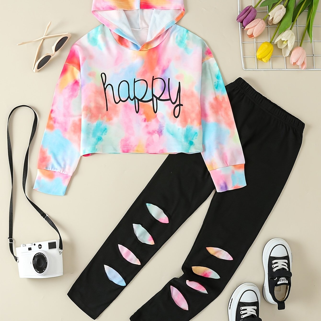 Girls' Tie-Dye Hoodie & Leggings Set - "HAPPY" Print, Stretchy Polyester Blend, Long Sleeve, Casual Sporty Look for Youngsters - Perfect for Fall/Winter, Clothes for Girls, Perfect for Outdoor