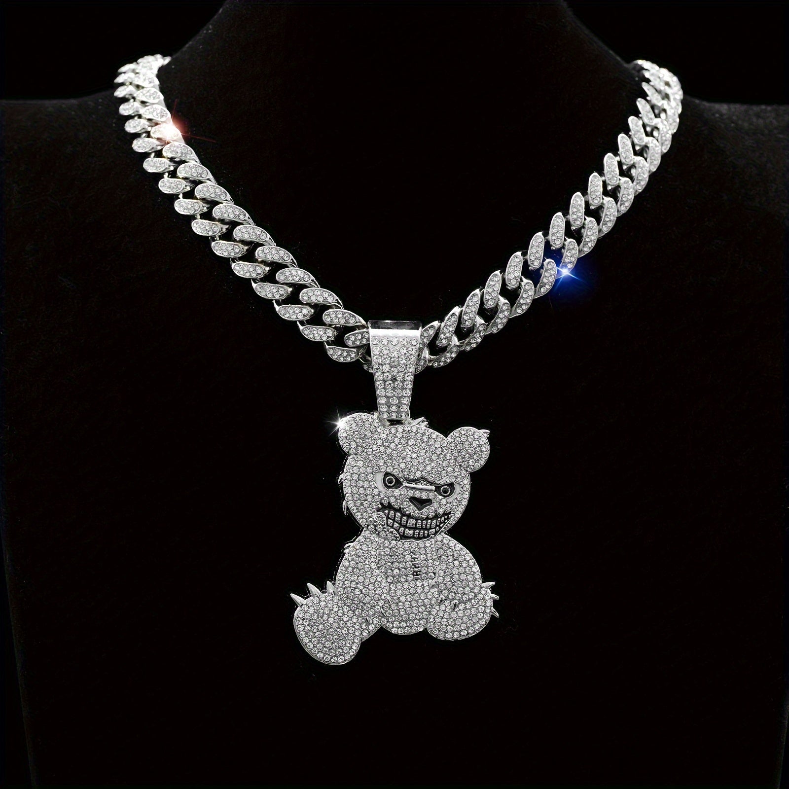 Men's Fashion Beast Bear Pendant Necklace with Rhinestone Studded Cuban Chain - Hip Hop Street Style Jewelry for Party, Festival Wear, Unisex Gift Idea (Includes 1 Pendant)
