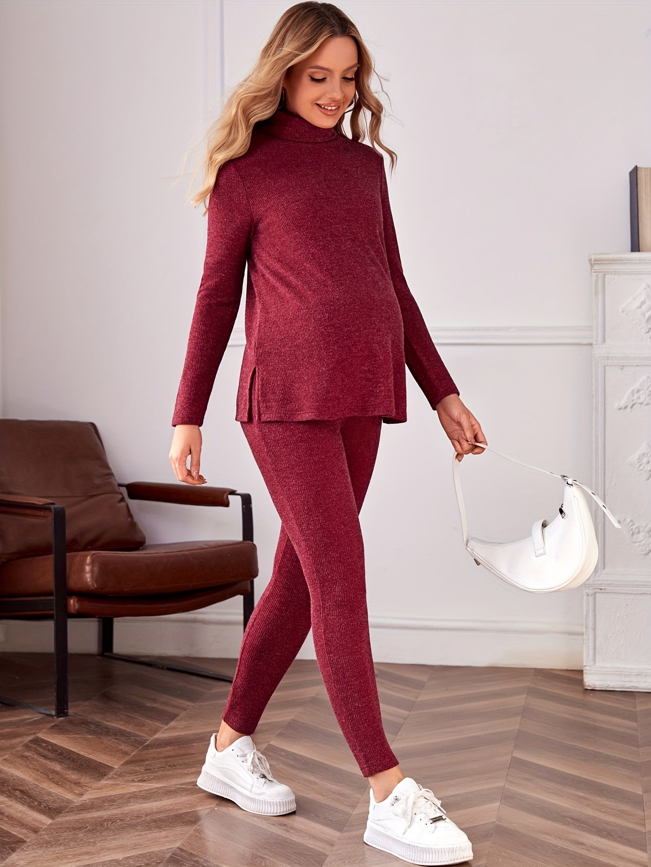 Women's Maternity Solid Textured Turtleneck Tee & Leggings Set, Fashion 2Pcs Outfits, Pregnant Women's Clothing