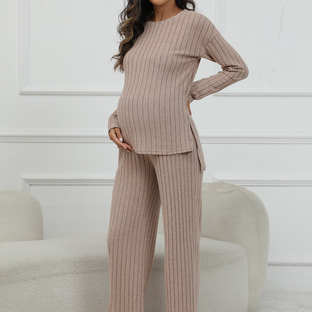Women's Maternity Solid Textured T-shirt & Pants Set Fall Winter, Pregnant Women's Clothing