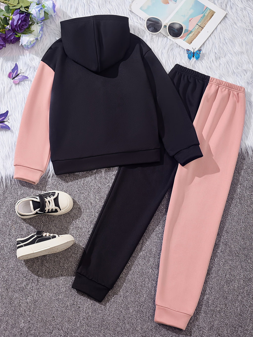 Girl's Butterfly Pattern Outfit 2pcs, Hoodie & Sweatpants Set, TO BE YOURSELF Print Kid's Color Clash Clothes For Spring Fall outdoors