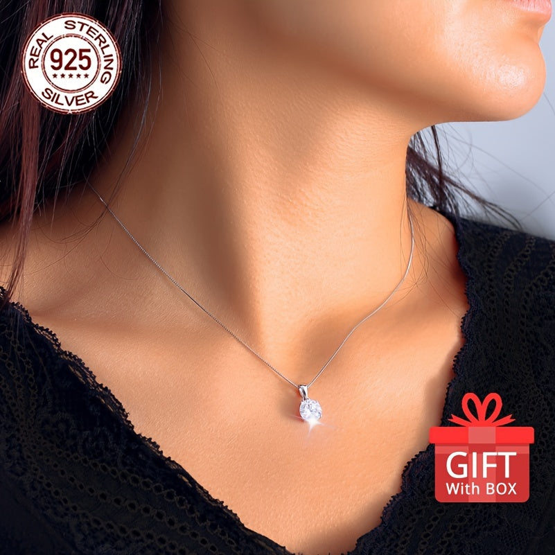 Gift Box Style 1pc S925 Silver Women's Fashion Pendant Necklace 3.14g/0.111oz Classic Shiny Ice Chip Synthetic Zirconia Inlay Elegant Neck Jewelry Best Valentine's Day Gift for Lover Collarbone Chain Necklace Surprise Daily P