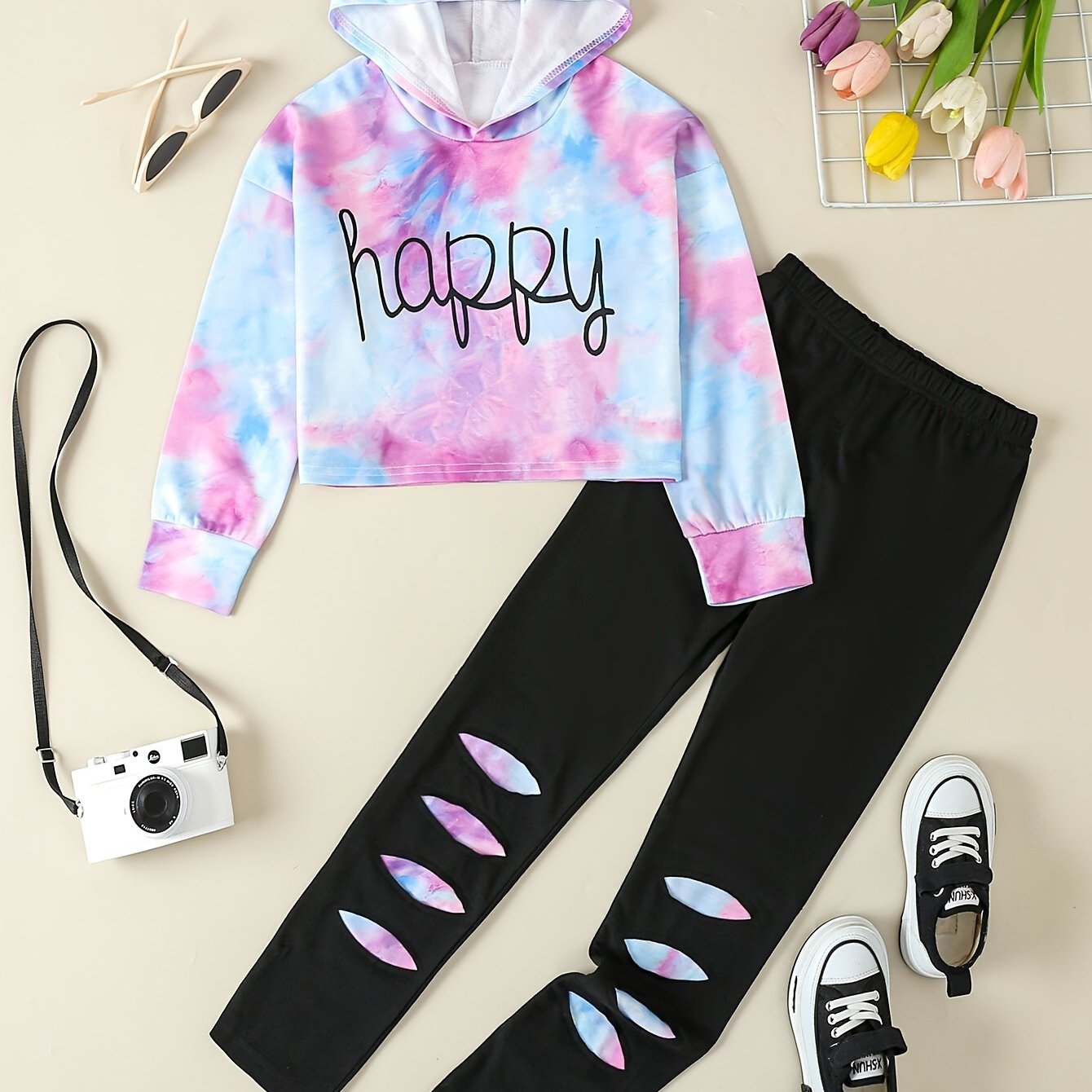 Girls' Tie-Dye Hoodie & Leggings Set - "HAPPY" Print, Stretchy Polyester Blend, Long Sleeve, Casual Sporty Look for Youngsters - Perfect for Fall/Winter, Clothes for Girls, Perfect for Outdoor