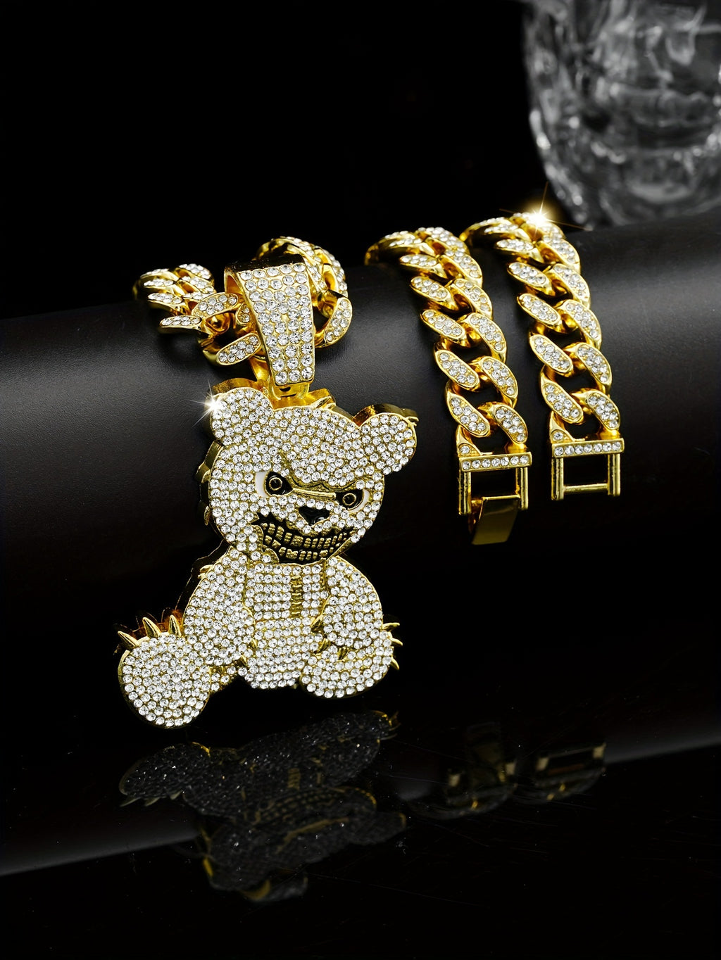 Men's Fashion Beast Bear Pendant Necklace with Rhinestone Studded Cuban Chain - Hip Hop Street Style Jewelry for Party, Festival Wear, Unisex Gift Idea (Includes 1 Pendant)