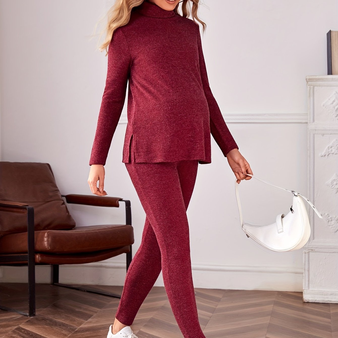 Women's Maternity Solid Textured Turtleneck Tee & Leggings Set, Fashion 2Pcs Outfits, Pregnant Women's Clothing
