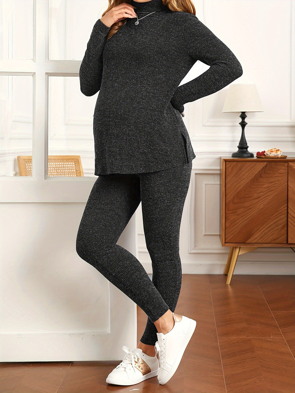 Women's Maternity Solid Textured Turtleneck Tee & Leggings Set, Fashion 2Pcs Outfits, Pregnant Women's Clothing
