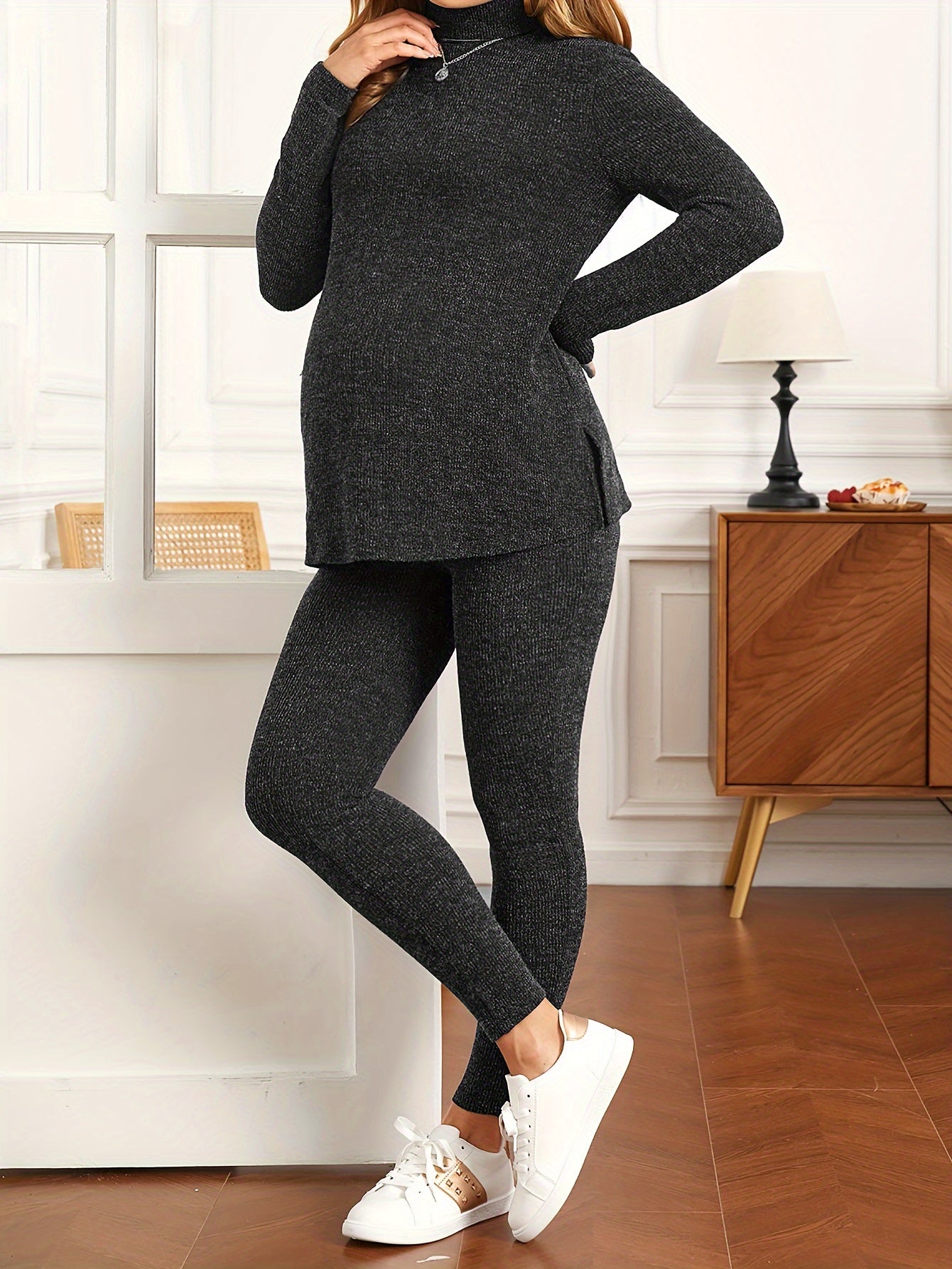 Women's Maternity Solid Textured Turtleneck Tee & Leggings Set, Fashion 2Pcs Outfits, Pregnant Women's Clothing