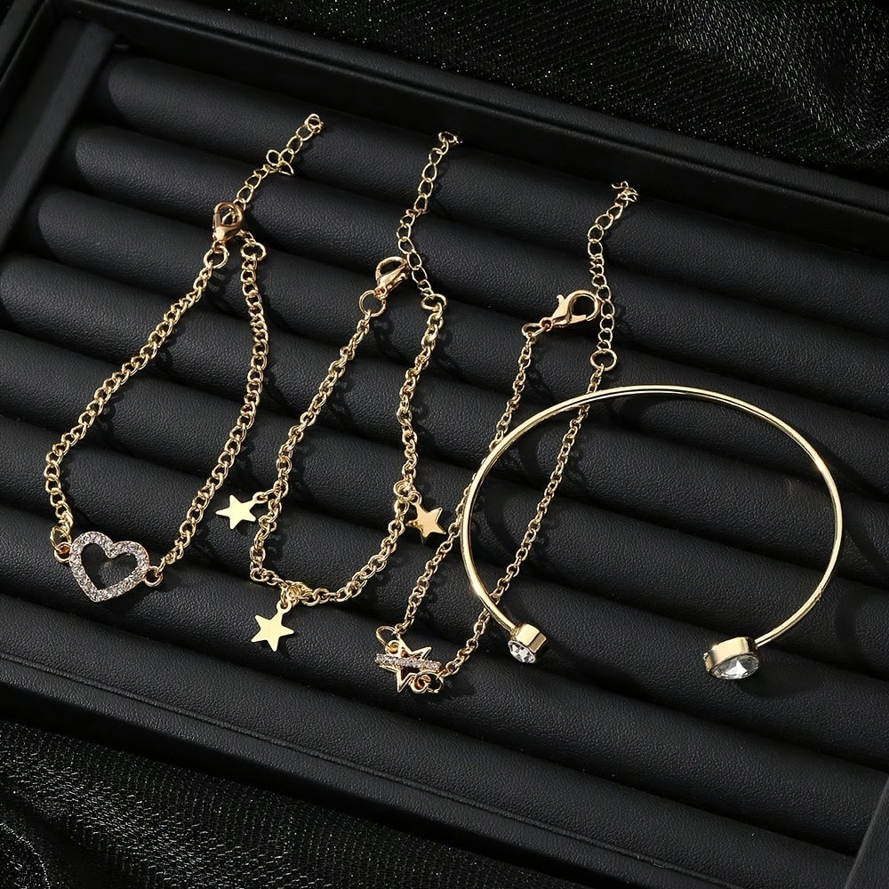 4-Piece Bohemian Elegant Holiday Bracelet Set for Women, Zinc Alloy with Rhinestone Accents, White & Green Tassel Wavy Bangle, Fashion Jewelry Gift for Dates & Parties, All-Season Wear