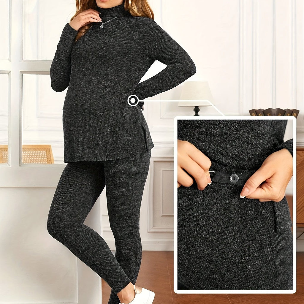 Women's Maternity Solid Textured Turtleneck Tee & Leggings Set, Fashion 2Pcs Outfits, Pregnant Women's Clothing