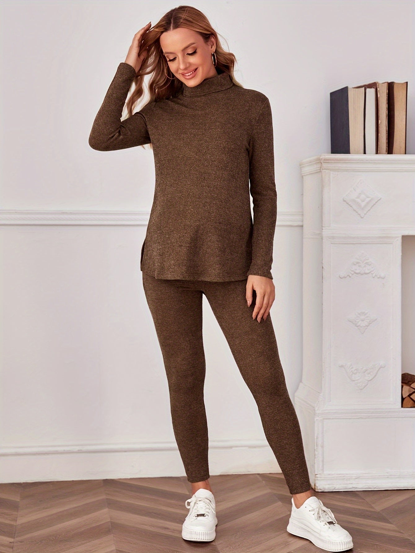 Women's Maternity Solid Textured Turtleneck Tee & Leggings Set, Fashion 2Pcs Outfits, Pregnant Women's Clothing