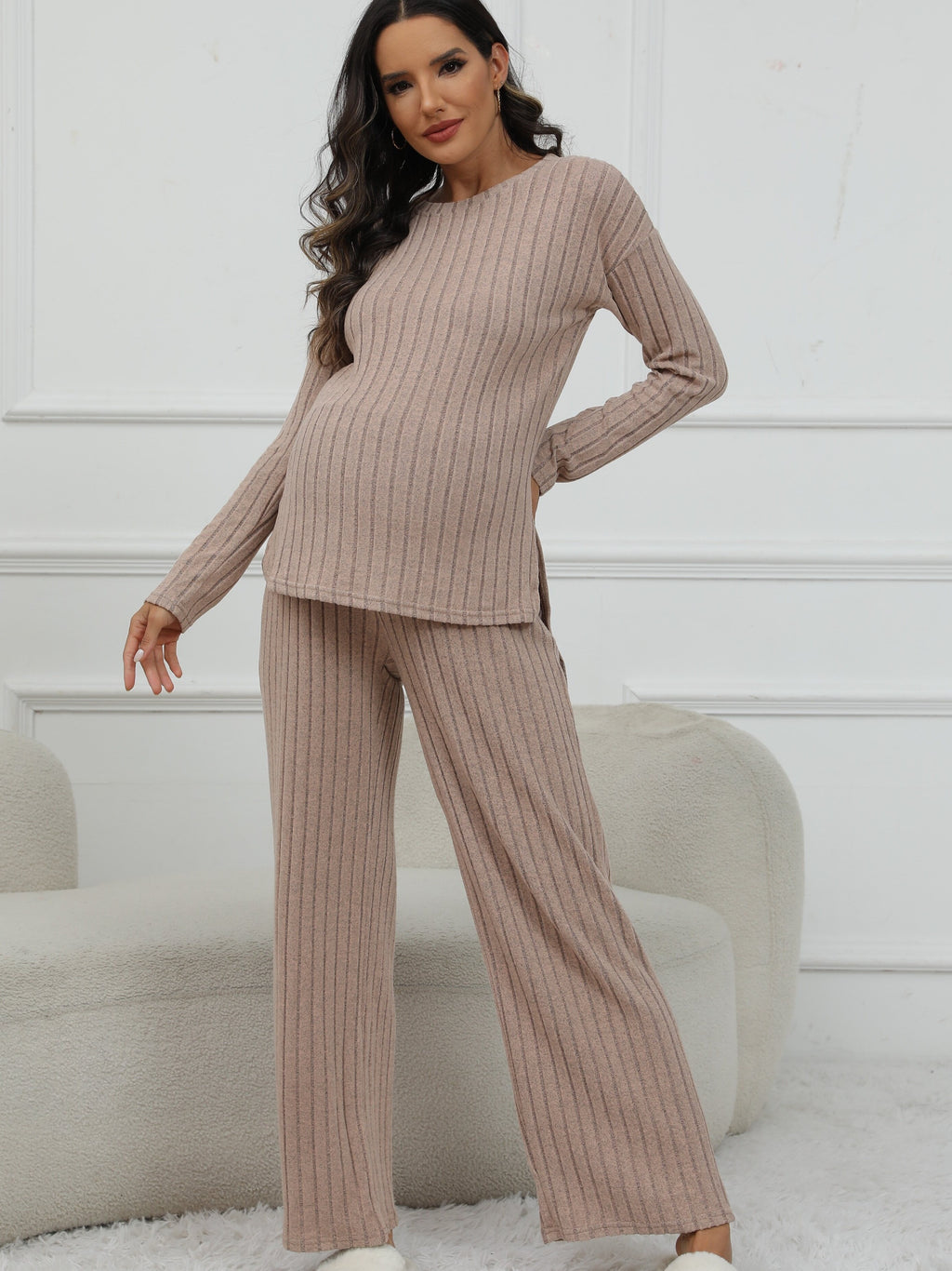 Women's Maternity Solid Textured T-shirt & Pants Set Fall Winter, Pregnant Women's Clothing