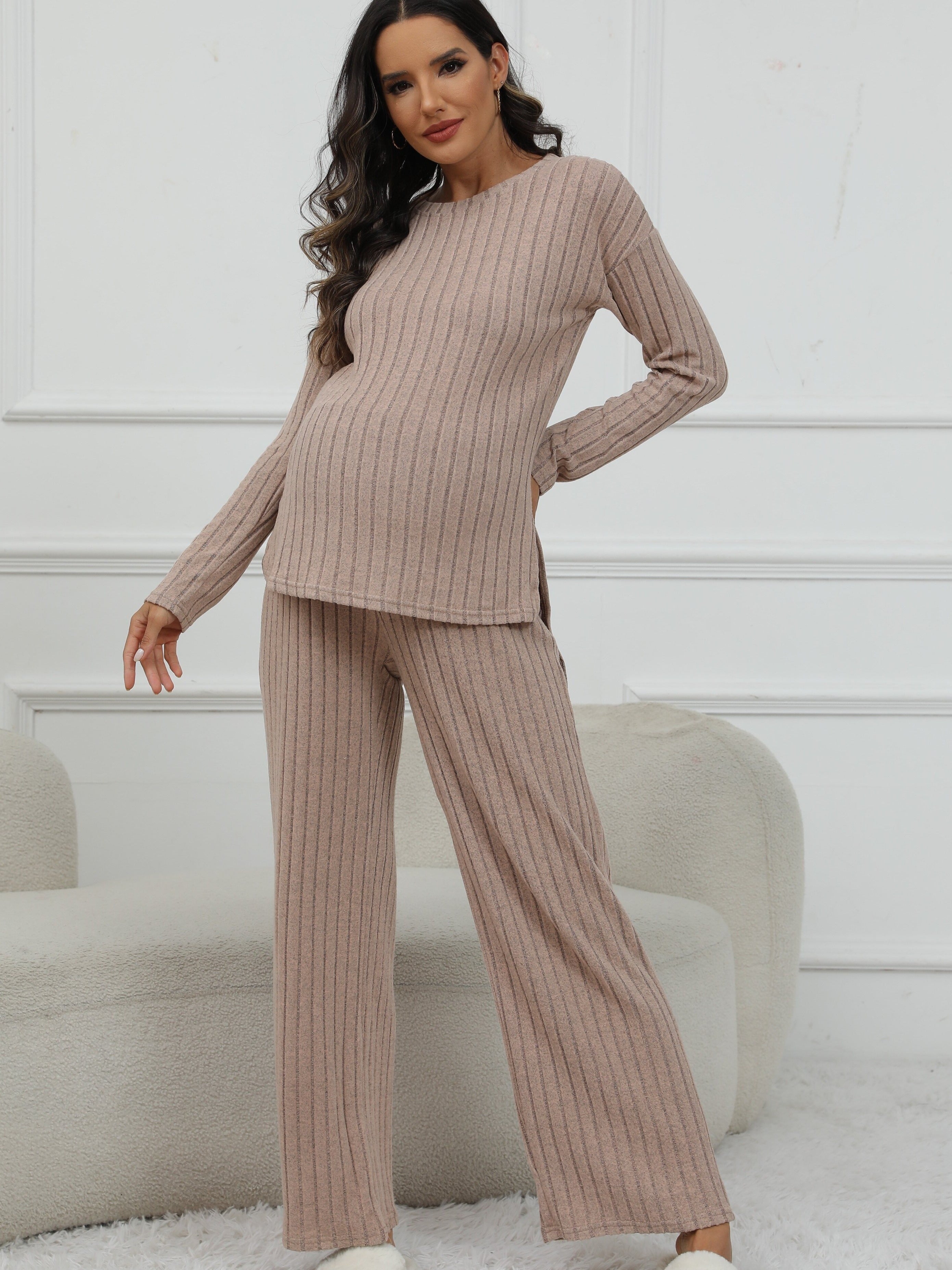 Women's Maternity Solid Textured T-shirt & Pants Set Fall Winter, Pregnant Women's Clothing
