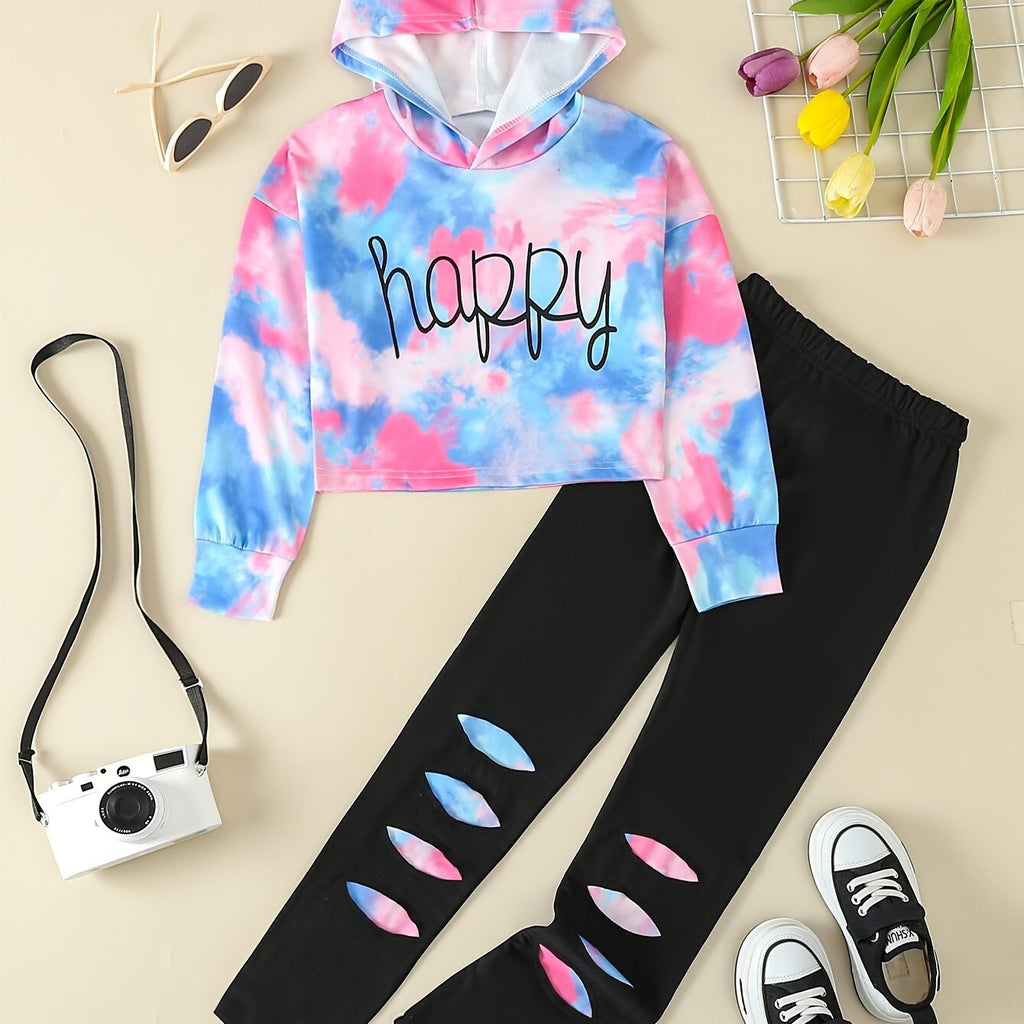 Girls' Tie-Dye Hoodie & Leggings Set - "HAPPY" Print, Stretchy Polyester Blend, Long Sleeve, Casual Sporty Look for Youngsters - Perfect for Fall/Winter, Clothes for Girls, Perfect for Outdoor